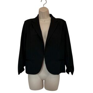 Amanda + Chelsea Black Crop Blazer Ruched Sleeves Faux Pockets Size Large Career